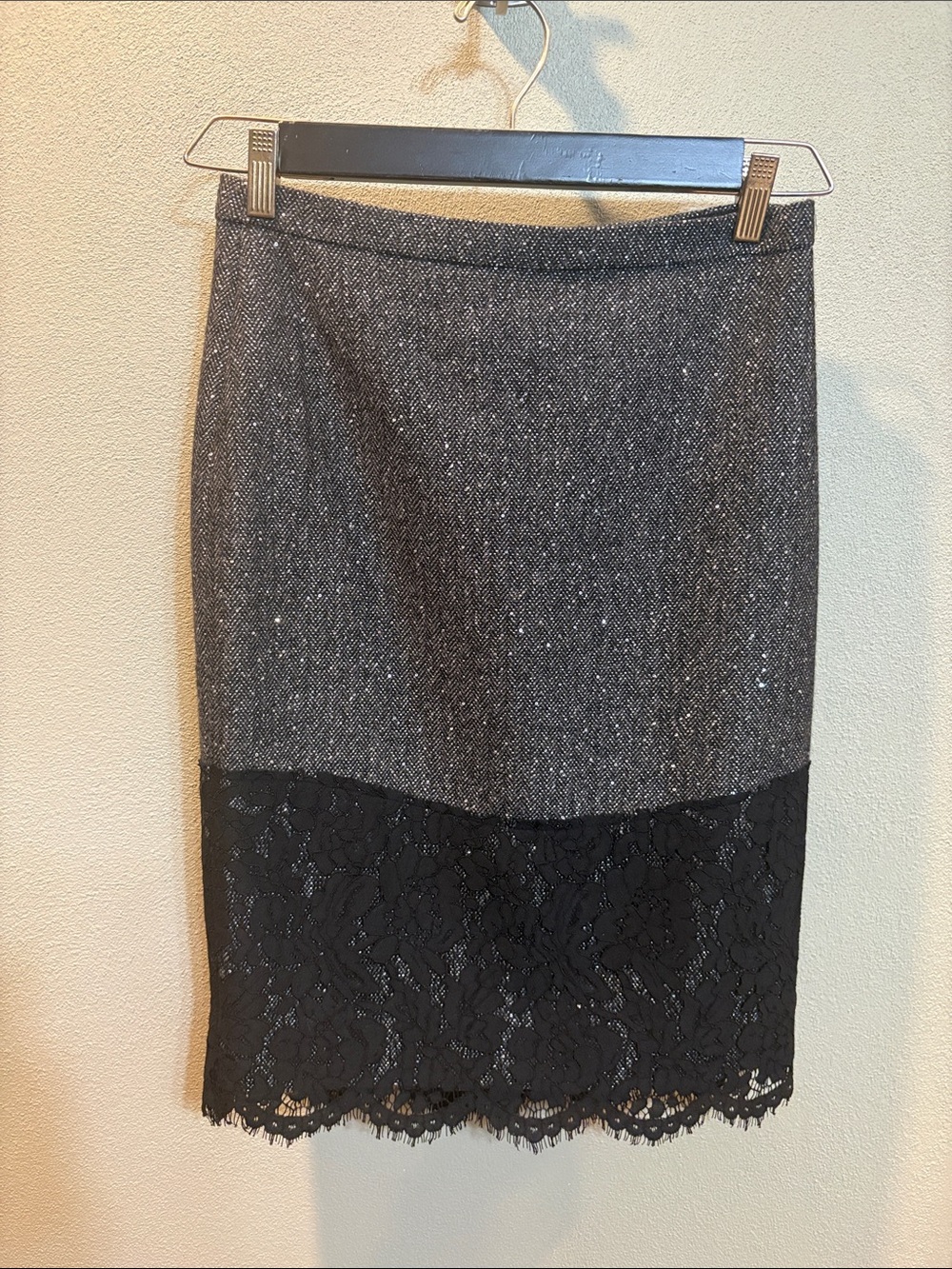 J. Crew Gray Tweed Pencil Skirt with Black Lace Trim